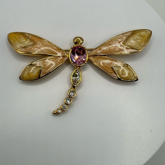 Vintage K.J.L. for Avon Dragonfly Brooch – Gold Tone Enamel Rhinestone Pin - Picture 2 of 5